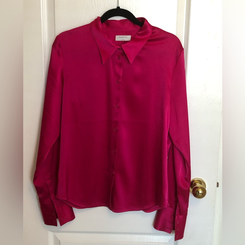 Babaton Fuchsia Button-Down Silk Blouse